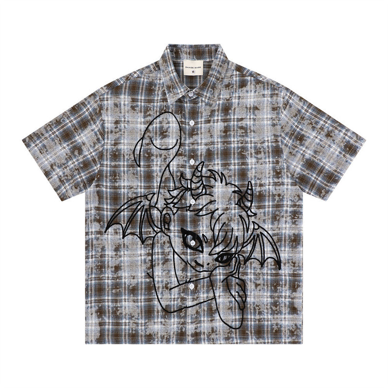 American Vintage Tie-Dye Plaid Short Sleeve Shirt with Dragon Graphic