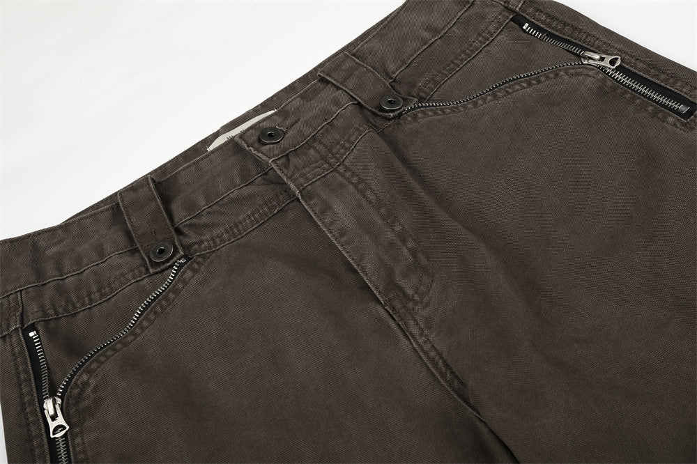 Wide-Leg Zip Pocket Pants – Vintage Washed Flare Trousers