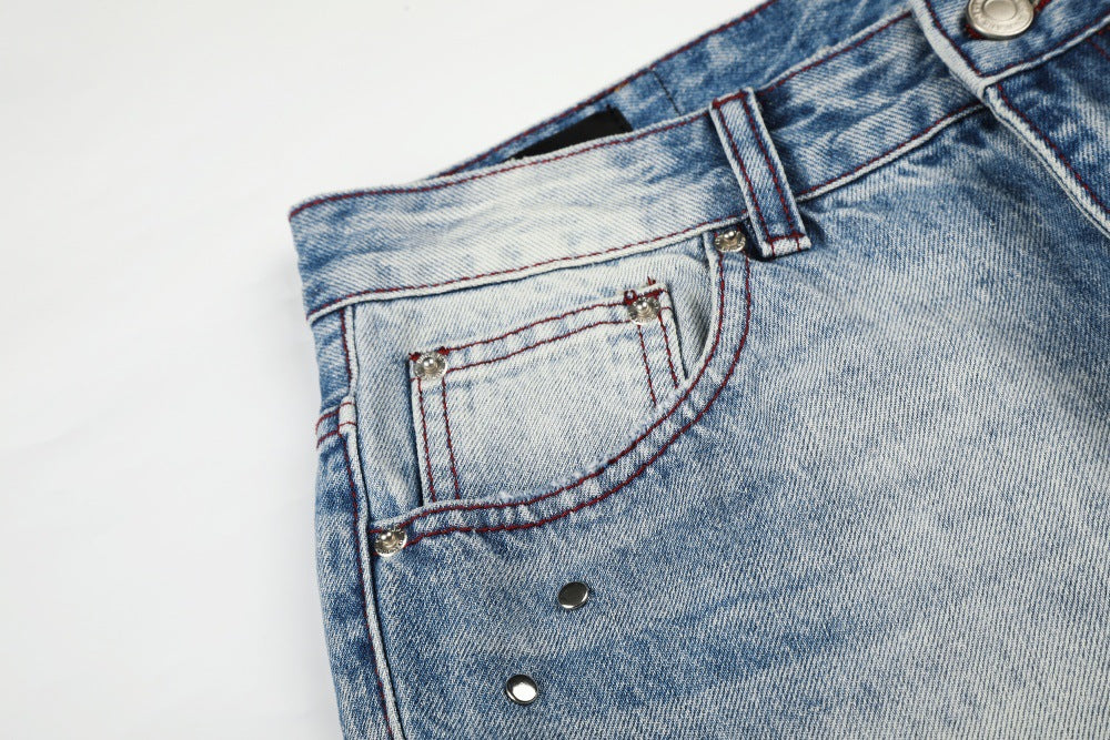 Gradient Washed Distressed Wide-Leg Jeans with Rhinestone Studs