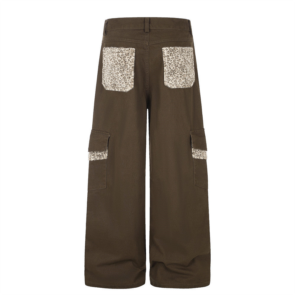 Men's Wide-Leg Cargo Pants with Leopard Fur Trim & Multi-Pocket Design