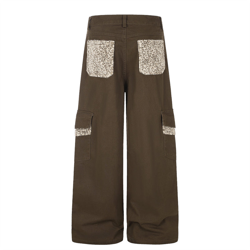 Men's Wide-Leg Cargo Pants with Leopard Fur Trim & Multi-Pocket Design
