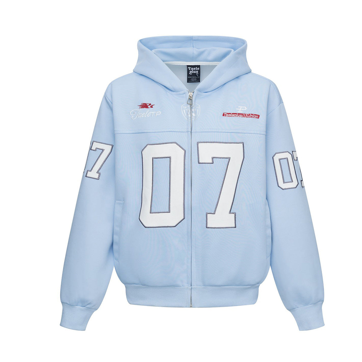 Sweat à capuche varsity bleu ciel zippé intégralement, avec grand écusson appliqué blanc 07 sur le devant et logos brodés sur la poitrine