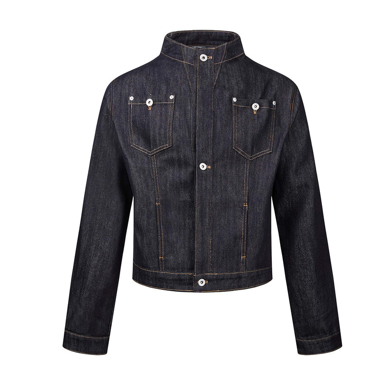Dark Indigo Denim Moto Jacket – Stand Collar, Cropped Fit, Snap Buttons