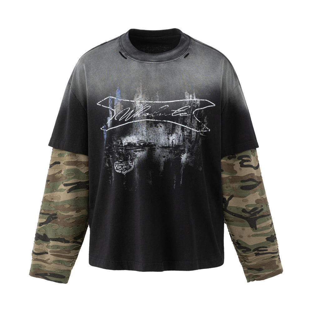 Oversized Faux-Layer Long Sleeve Tee with Camo Splice & Distressed Washed Print