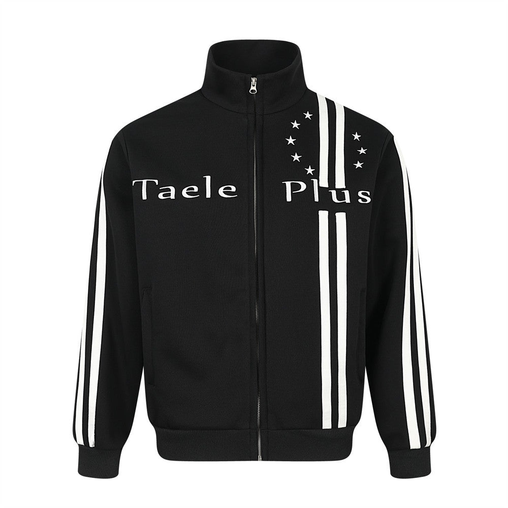 Taele Plus mock neck full-zip track jacket in black with white stripe detail and star embroidery on chest