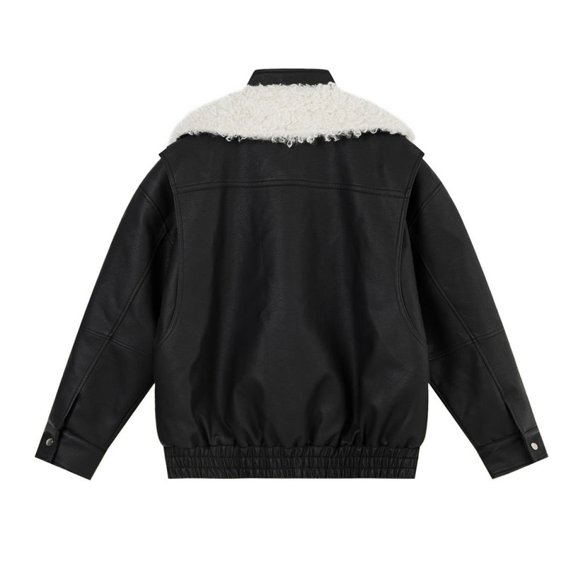 Veste en simili cuir et fourrure, bomber oversize à col sherpa