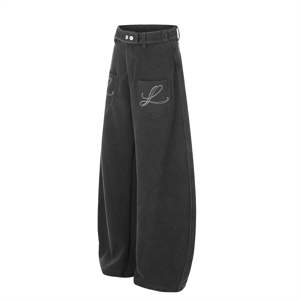 Wide-Leg Barrel Pants – Oversized Fit with Embroidered Pockets & Crossover