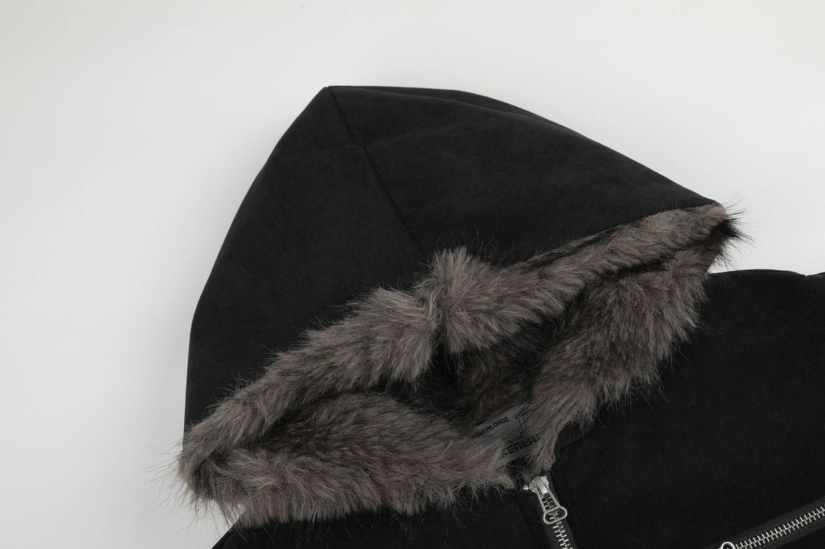 Fur-Trim Hooded Bomber Jacket – Padded Black Flight Jacket with Faux Fur Hood