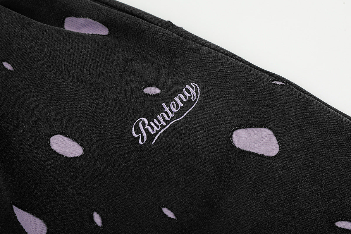 Wide-Leg Sweatpants Black Polka Dot Print Elastic Waist Drawstring