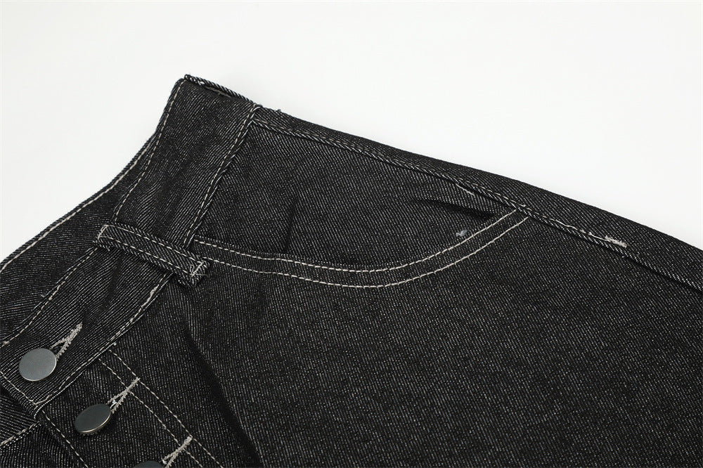 Men's Wide-Leg Jeans – Loose Fit Dark Black Denim with Back Script Embroidery &