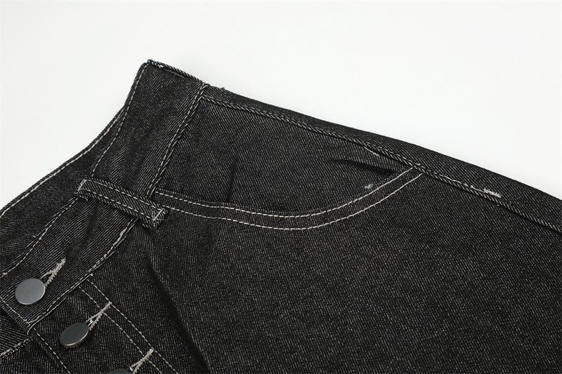 Men's Wide-Leg Jeans – Loose Fit Dark Black Denim with Back Script Embroidery &