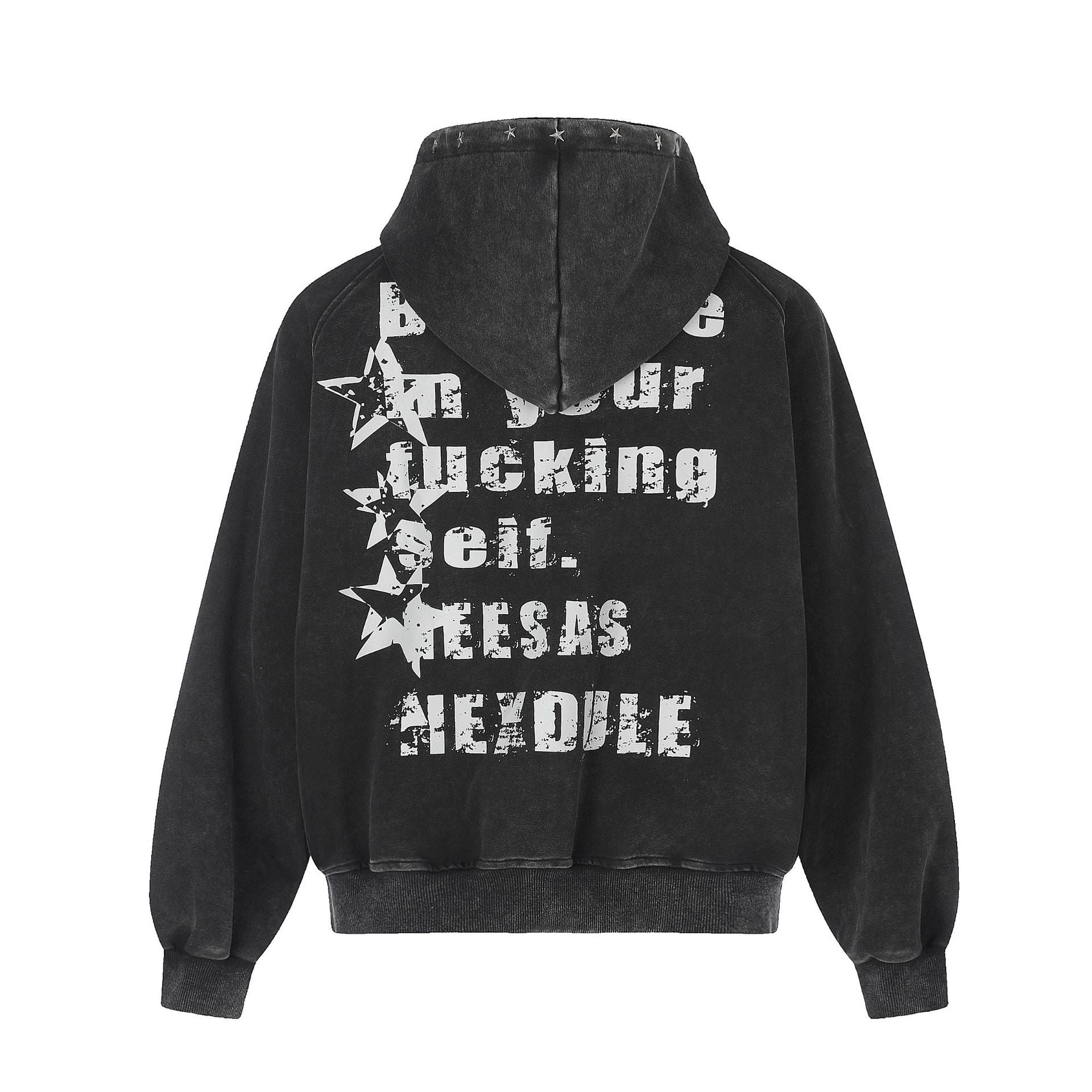 Zip-Up Grey Hoodie Washed Punk Star Graphic Zip Hoodie with Rivet Details