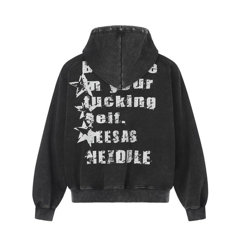 Zip-Up Grey Hoodie Washed Punk Star Graphic Zip Hoodie with Rivet Details