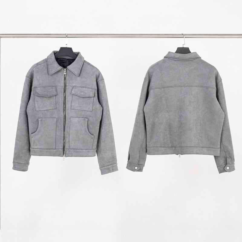 Men's Suede Jacket Boxy Zip-Up with Chest Pockets