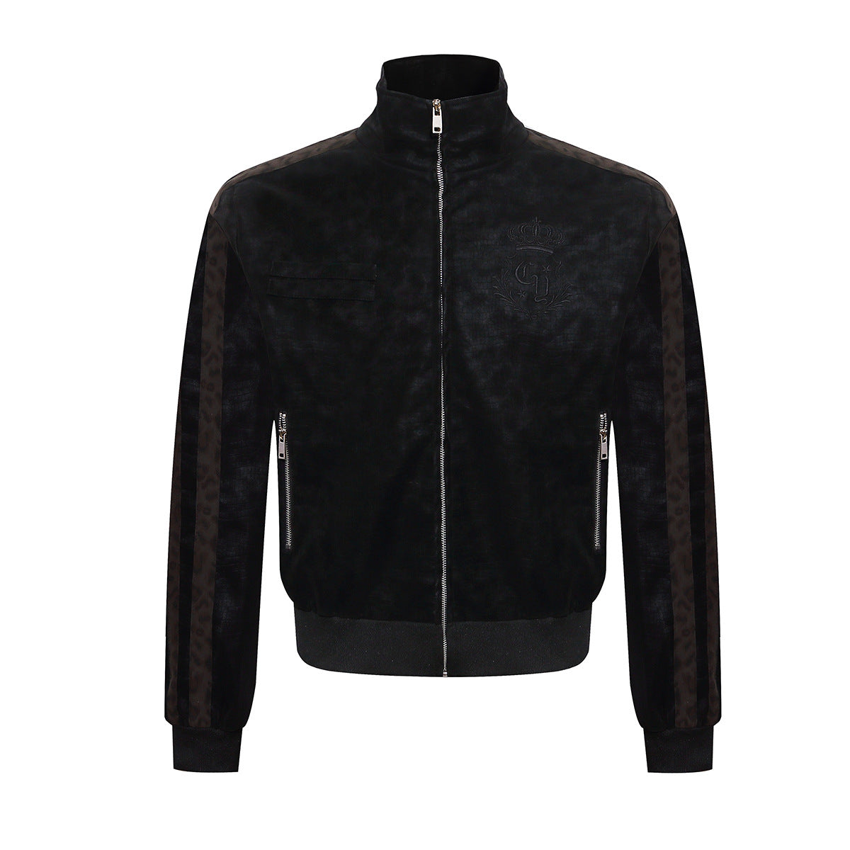 High Neck Leather Jacket with Leopard Side Panels & Crown Emblem
