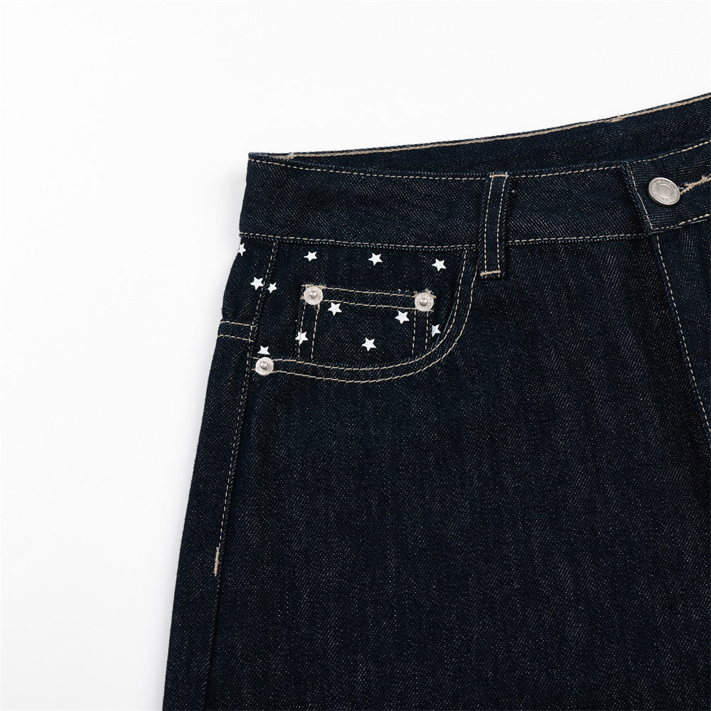 Jean homme wide leg délavé foncé avec détail de broderie étoile