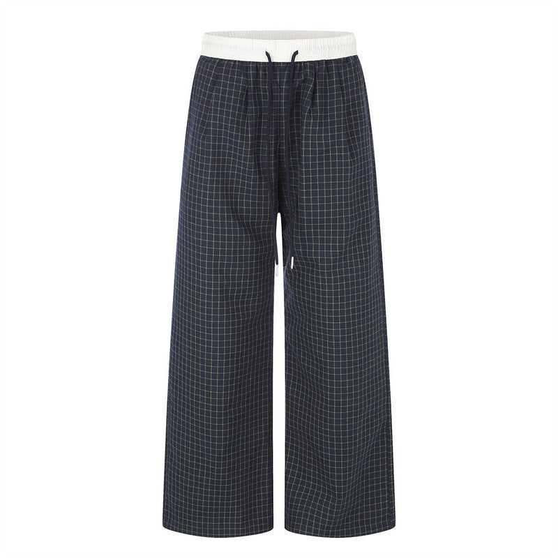 Navy plaid wide-leg pants with contrast white elastic waistband and drawstring, front and back view