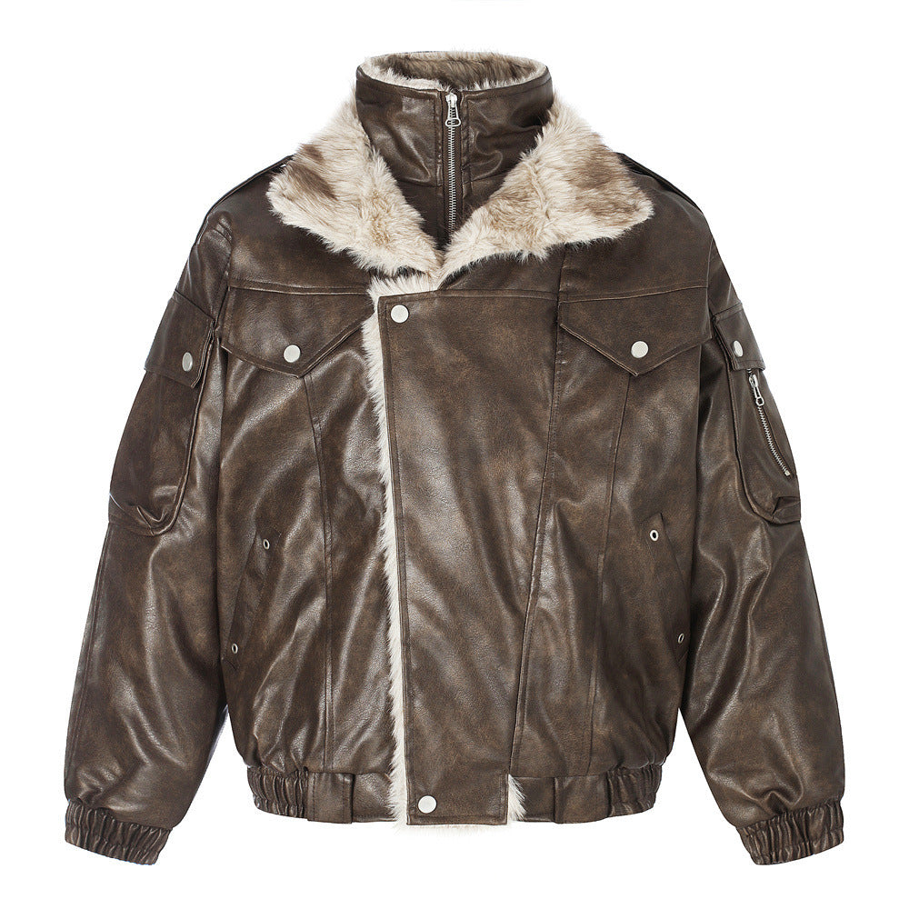 Men's Faux Leather Fur-Lined Bomber Jacket with High Collar & Asymmetric Placket