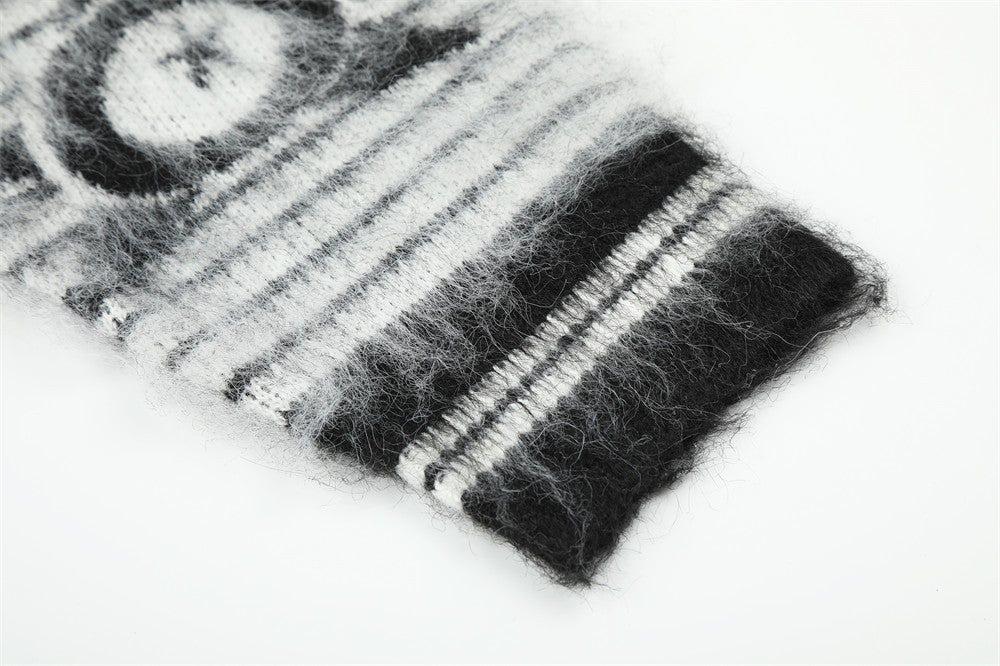 Striped Fur-Trim Zip-Up Knit Hoodie with Star & Circle Print