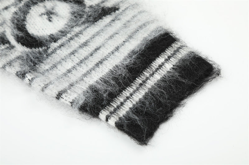 Striped Fur-Trim Zip-Up Knit Hoodie with Star & Circle Print