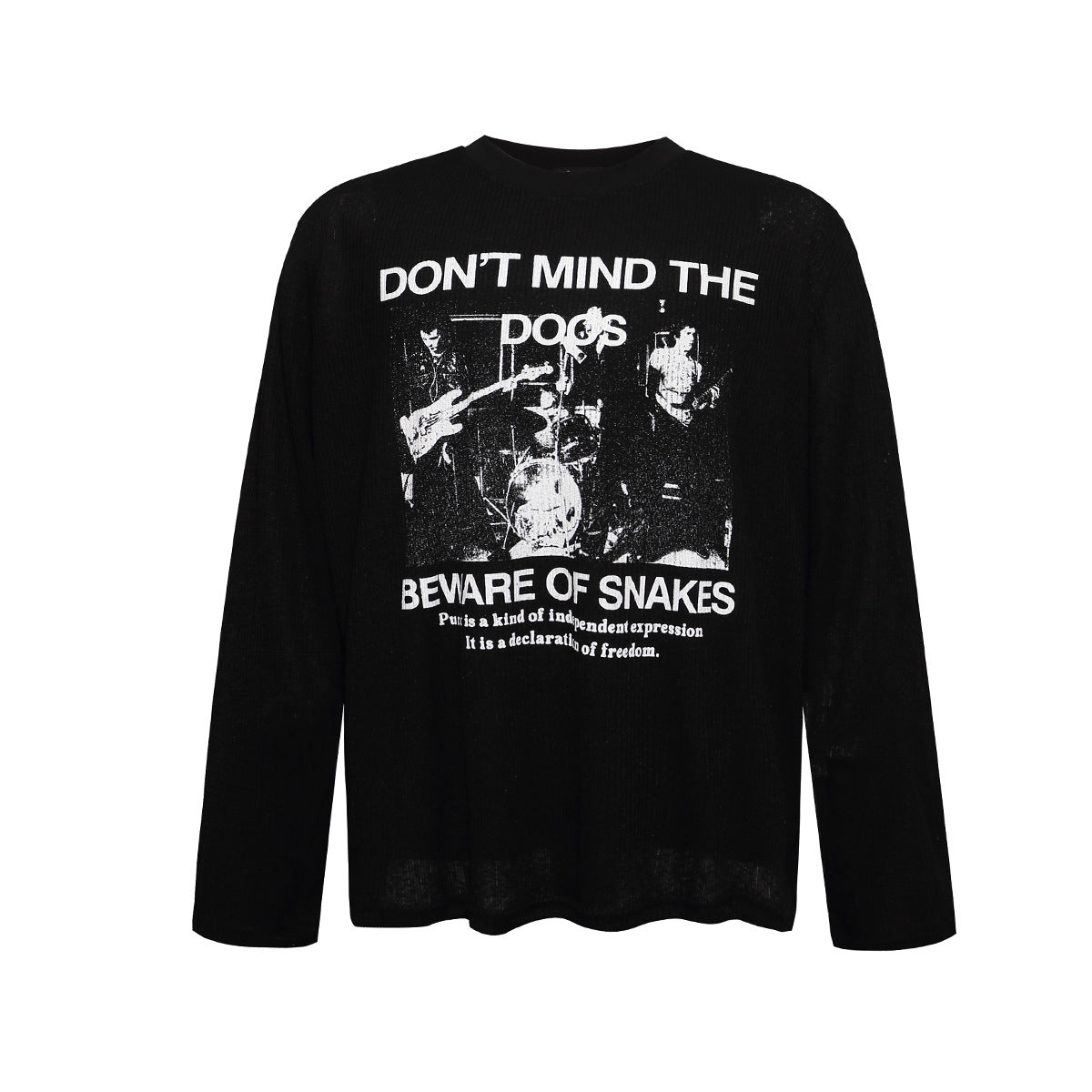 Camiseta de Manga Larga con Gráfico – Estampado de Banda Punk, Cuello Redondo y Punto Waffle