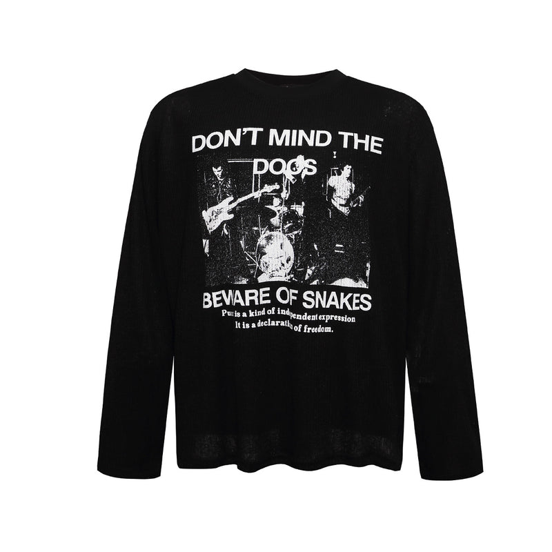 Camiseta de Manga Larga con Gráfico – Estampado de Banda Punk, Cuello Redondo y Punto Waffle