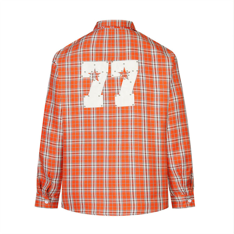 Men's Plaid Long Sleeve Shirt with LUCK Star Letter Patch