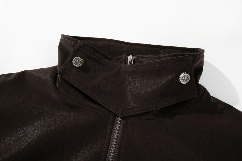 Oversized Black Leather Jacket Faux PU Bomber with High Collar