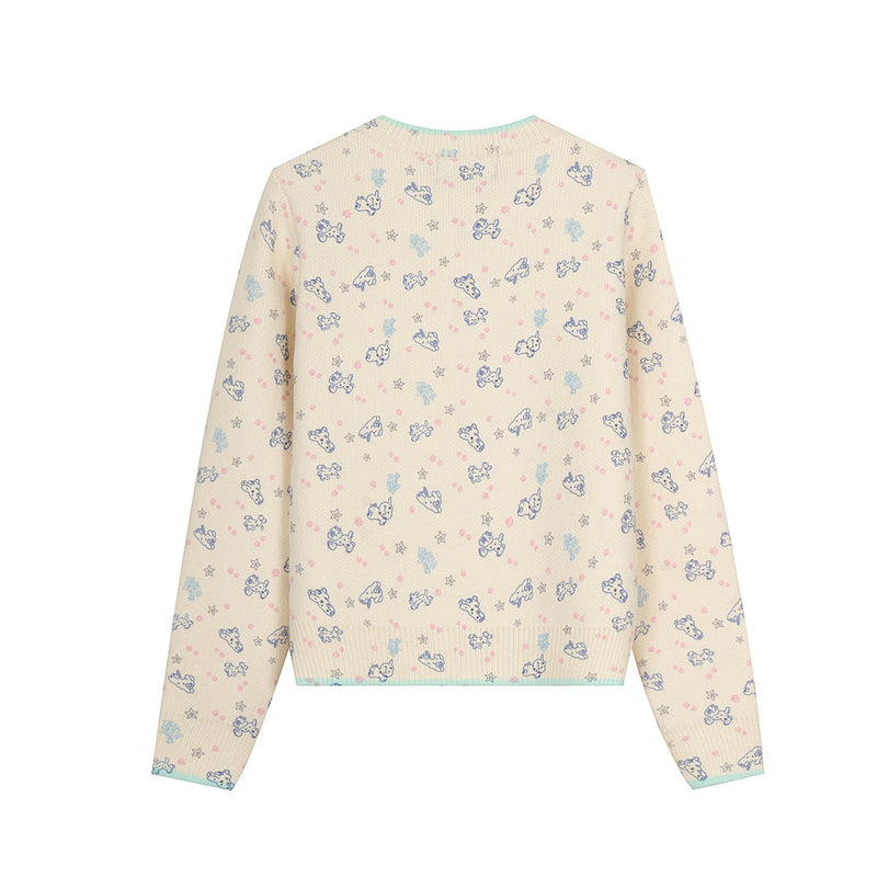 Bear Print Knit Cardigan Sweater – Crew Neck Button-Up with Allover Ditsy