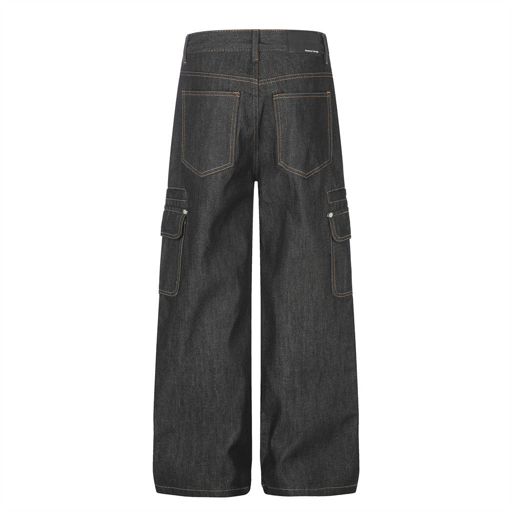 Raw Denim Cargo Wide-Leg Jeans – Multi-Pocket Straight Fit