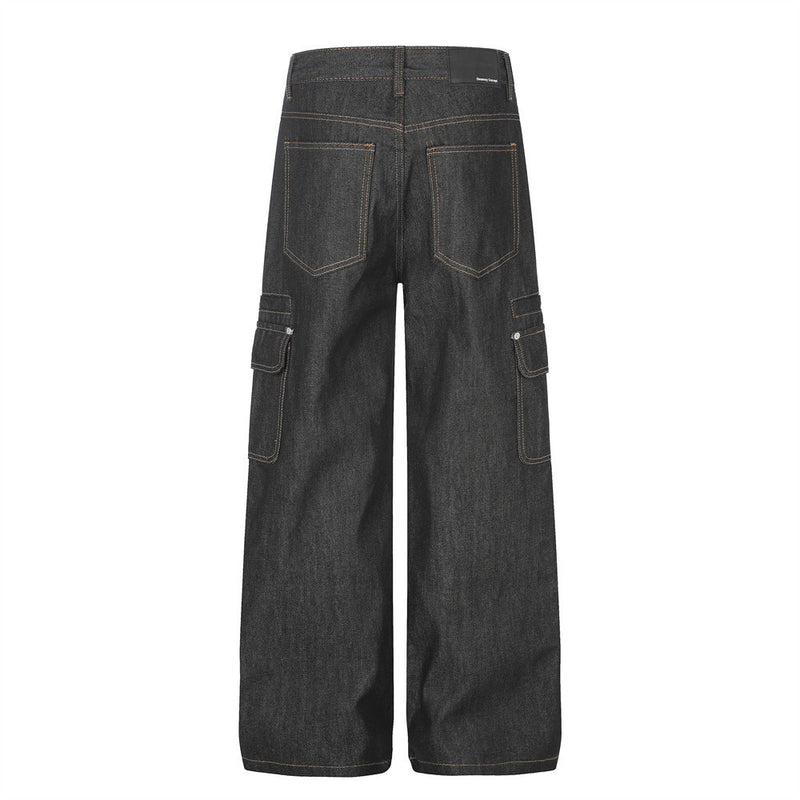 Raw Denim Cargo Wide-Leg Jeans – Multi-Pocket Straight Fit