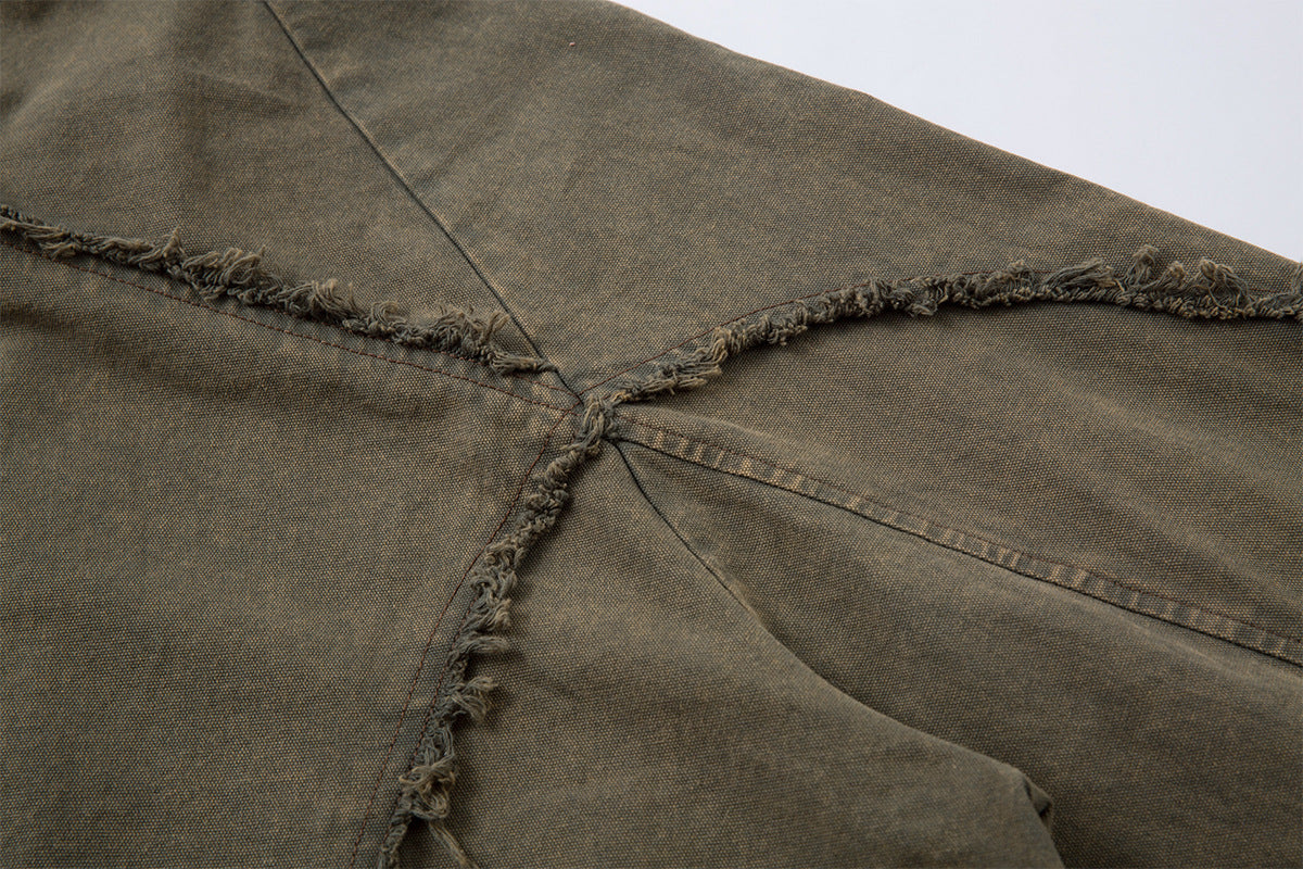 Veste-chemise en jean délavé effiloché – Surchemise patchwork déconstruite