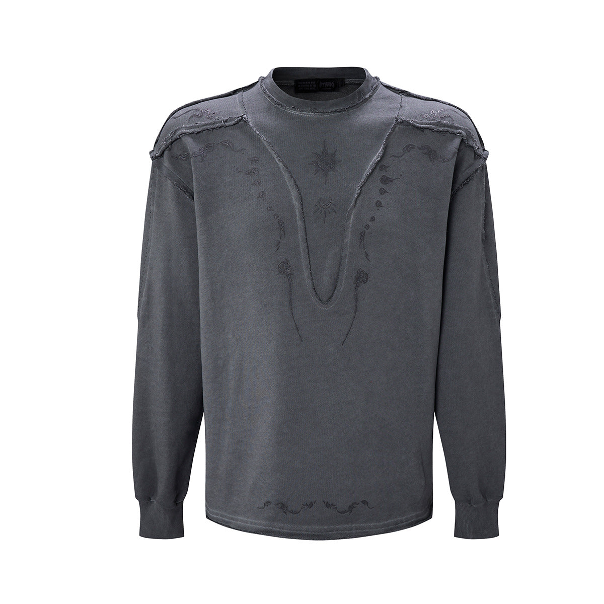 Long Sleeve Acid Wash Shirt with Celestial Print & Raw-Edge Seam Detail