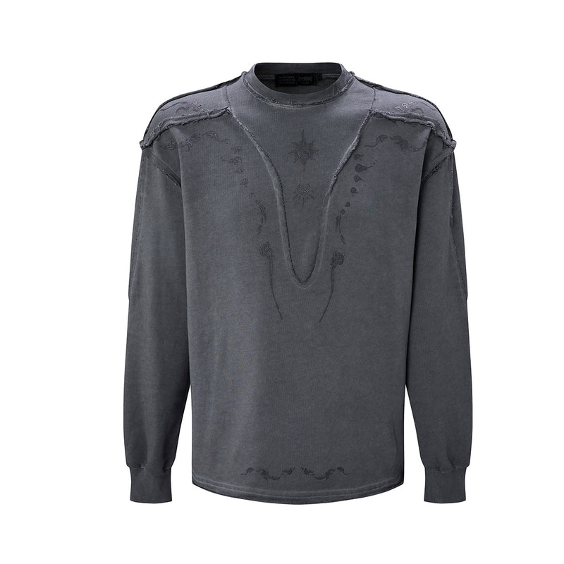 Long Sleeve Acid Wash Shirt with Celestial Print & Raw-Edge Seam Detail