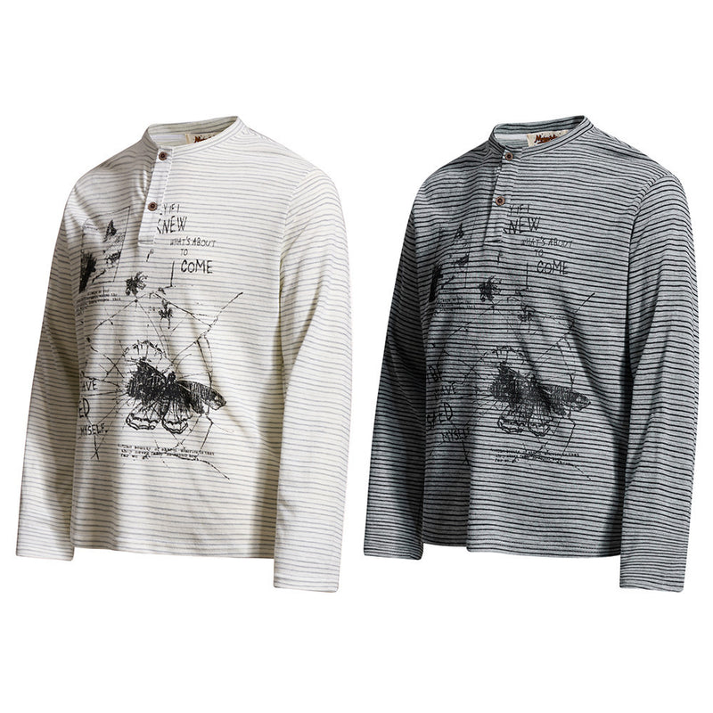 Striped Shirt Long Sleeve Men's Henley with Abstract Butterfly Graphic