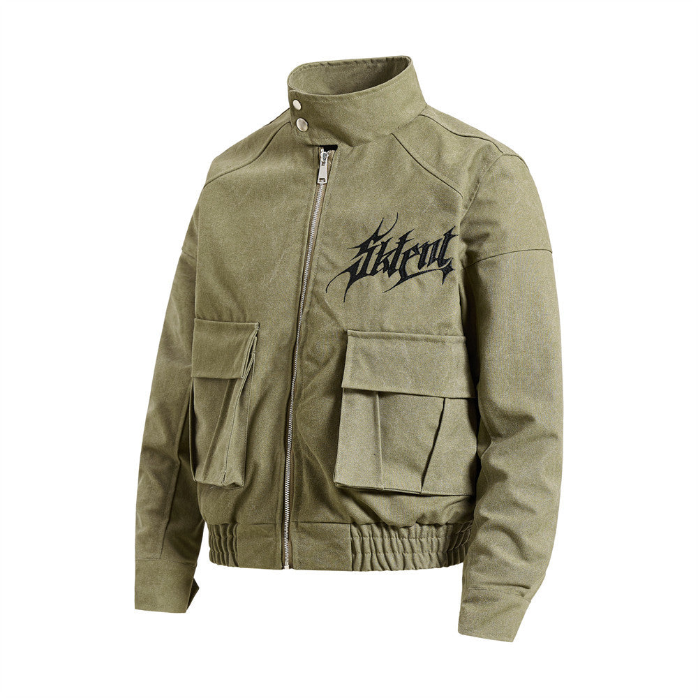 Gothic Letter Embroidered Cargo Bomber Jacket – Stand Collar, Multi-Pocket