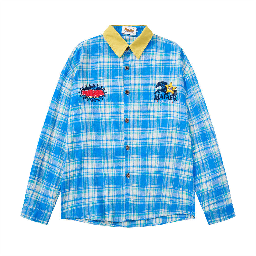 Men's oversized vintage plaid flannel long sleeve button down shirt with contrast corduroy collar and embroidered chest graph