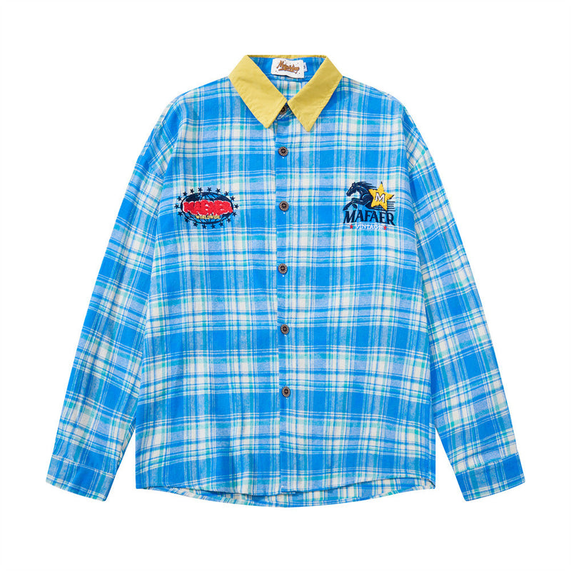 Men's oversized vintage plaid flannel long sleeve button down shirt with contrast corduroy collar and embroidered chest graph