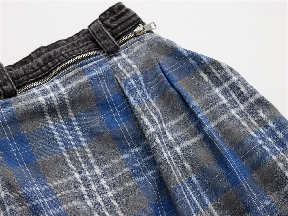 Wide-Leg Jeans with Detachable Plaid Skirt Overlay — Deconstructed Punk
