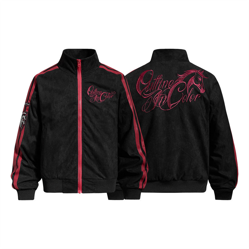Men's black faux-suede bomber jacket with red zipper, double red sleeve stripes, and embroidered Outline In Color script on c