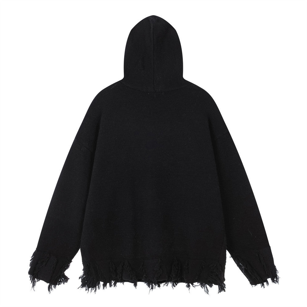 Letter Jacquard Knit Hoodie with Fringe Hem – Streetwear Pullover