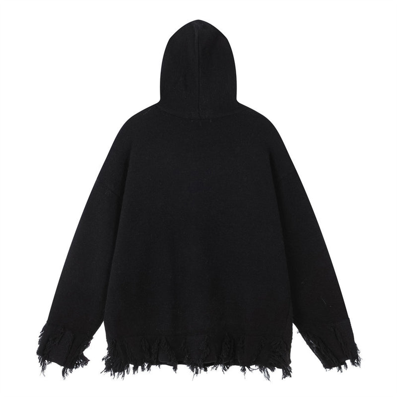 Letter Jacquard Knit Hoodie with Fringe Hem – Streetwear Pullover