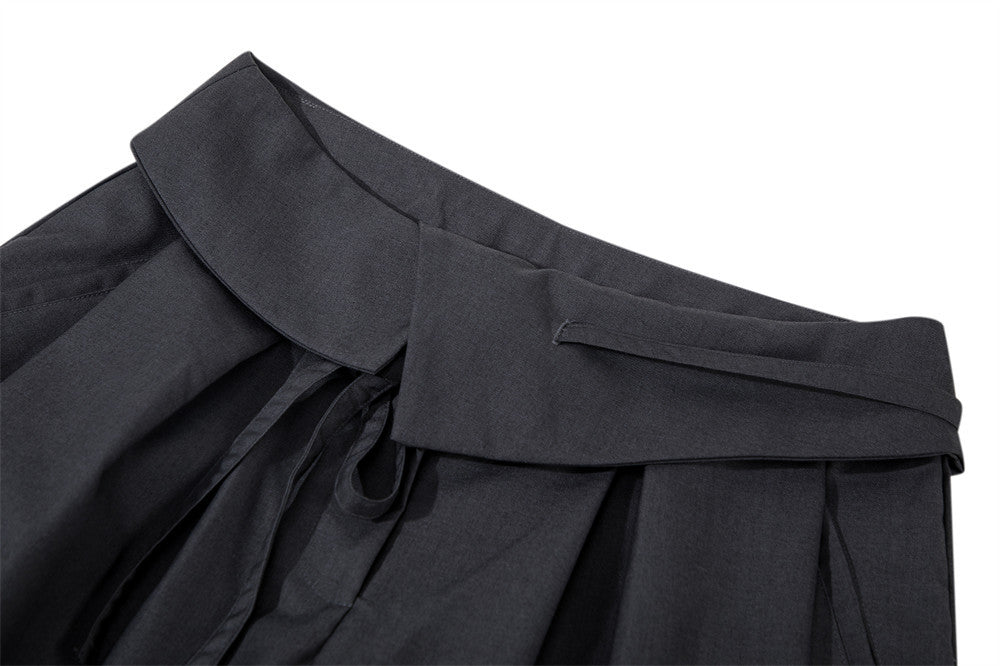 Wide-Leg Pleated Trousers with Fold-Over Waist & Drawstring