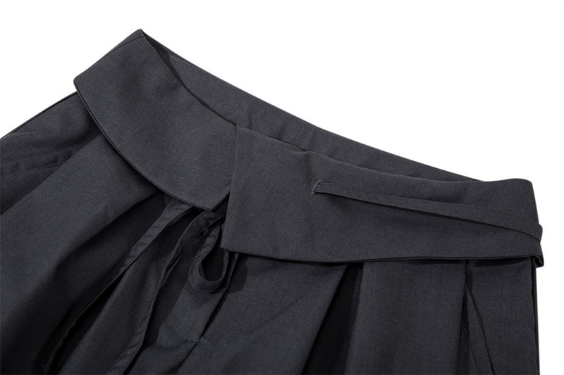 Wide-Leg Pleated Trousers with Fold-Over Waist & Drawstring
