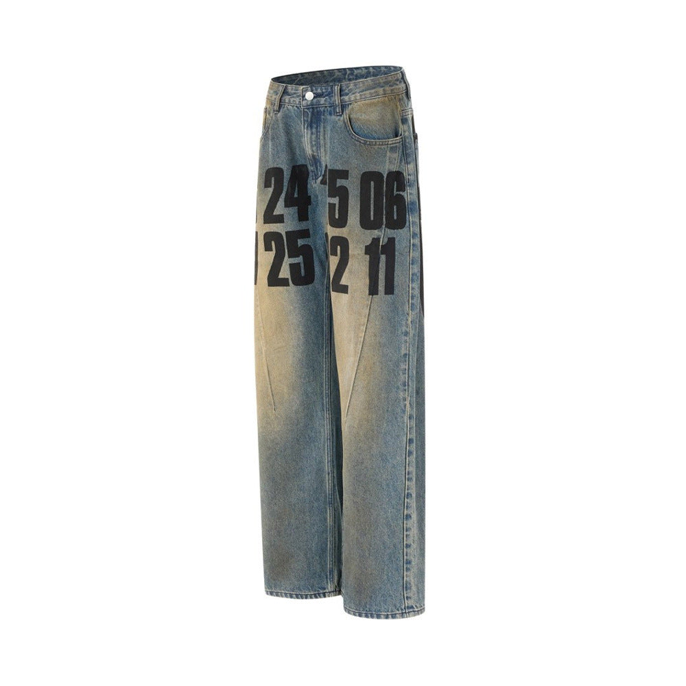 Men's Loose Fit Jeans Vintage Number Print Straight-Leg Baggy Denim Pants