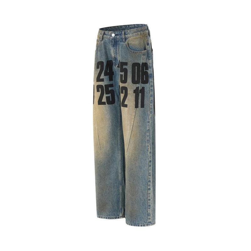 Men's Loose Fit Jeans Vintage Number Print Straight-Leg Baggy Denim Pants