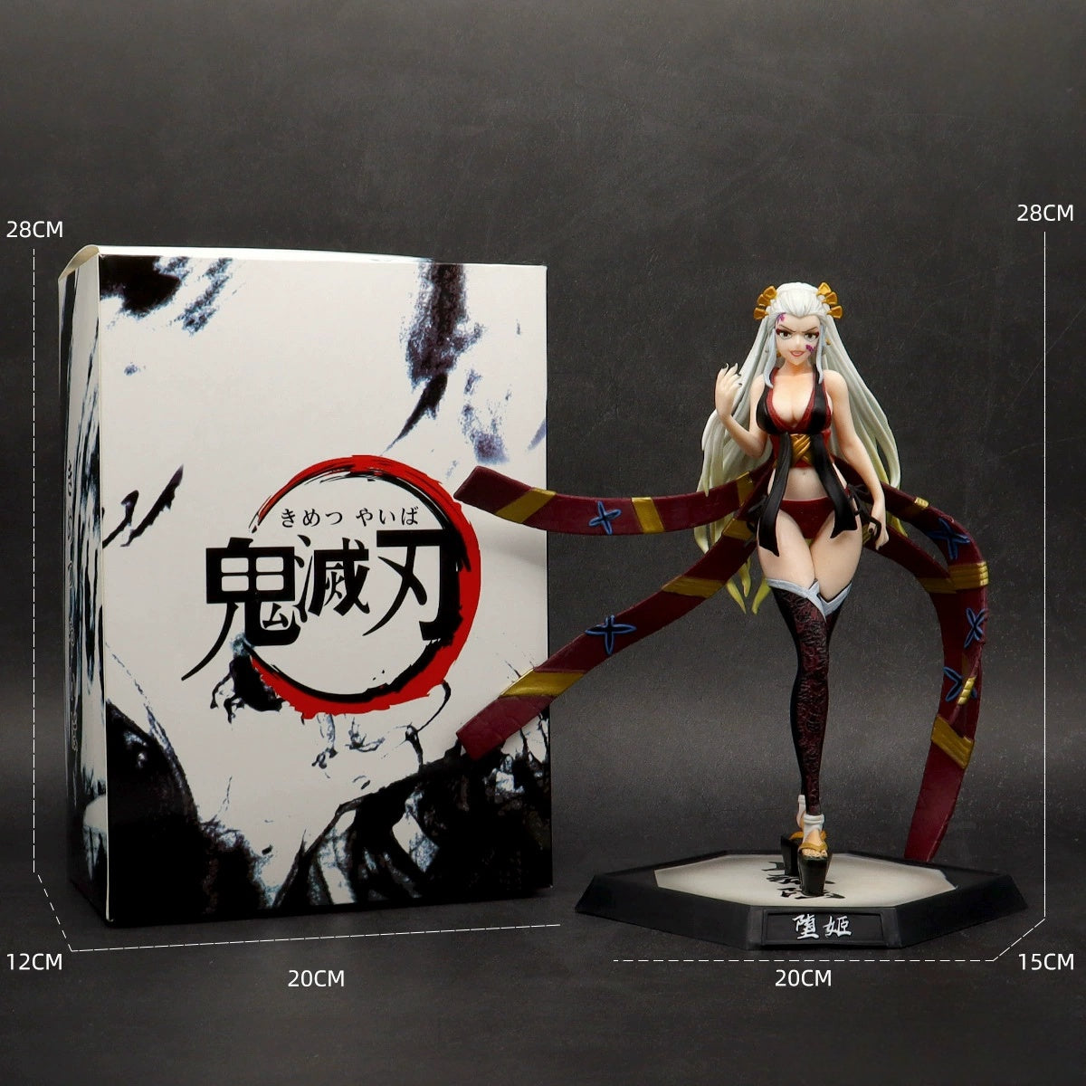 The Daki Demon Slayer Figure – 28CM PVC Action Figure | Kimetsu no Yaiba Collectible showcases a woman with long white hair, a revealing outfit, and thigh-high boots on a black base with a brown ribbon. The box features Japanese text and stylized Demon Slayer artwork, highlighting the Upper Rank demon&