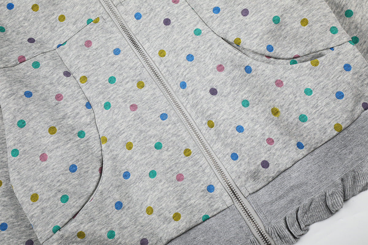 Sweat à capuche zippé pour femme – Sweat court gris à pois multicolores et volants