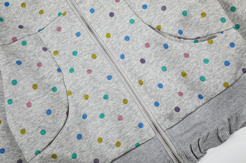 Sweat à capuche zippé pour femme – Sweat court gris à pois multicolores et volants