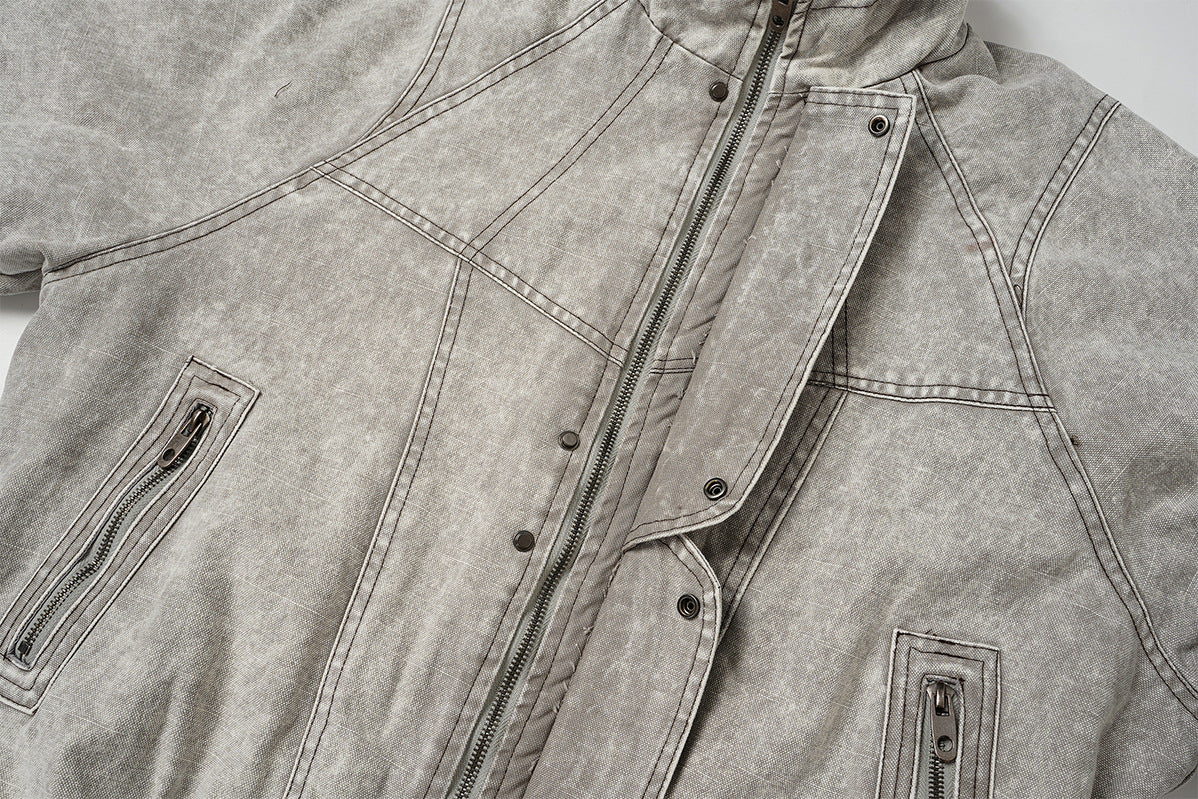 Washed Denim Padded Bomber Jacket – Deconstructed Moto-Inspired Outerwear